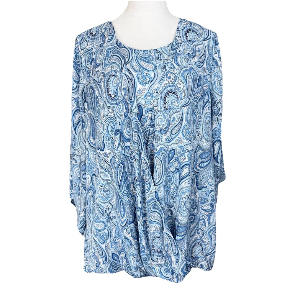 Catherines Womens Blouse 1X 18/20W Blue Paisley‎ Faux Wrap Draped Hi Low Hem